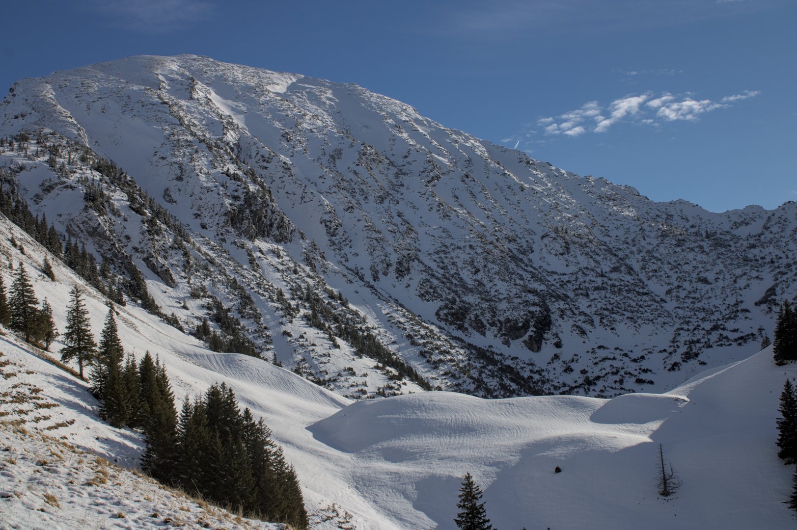 Landscape of snow-covered mountains.